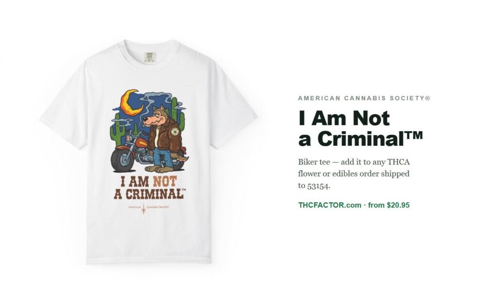 I Am Not A Criminal biker tee for THCA Oak Creek cannabis shoppers